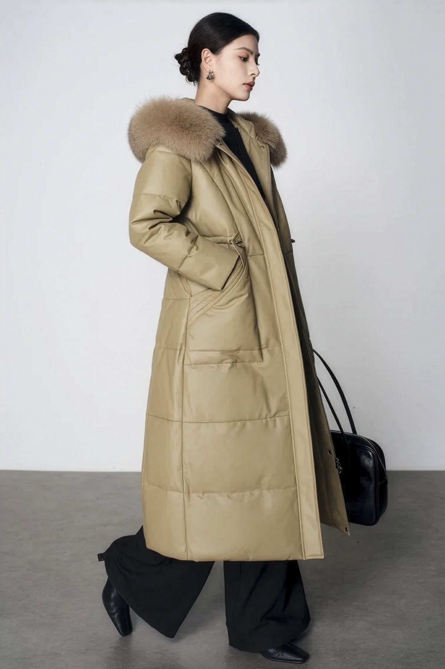 Women's Sheepskin Coat with Hidden Casing in Sweet Angelica — model walking, side view. From Borcelleclothes.