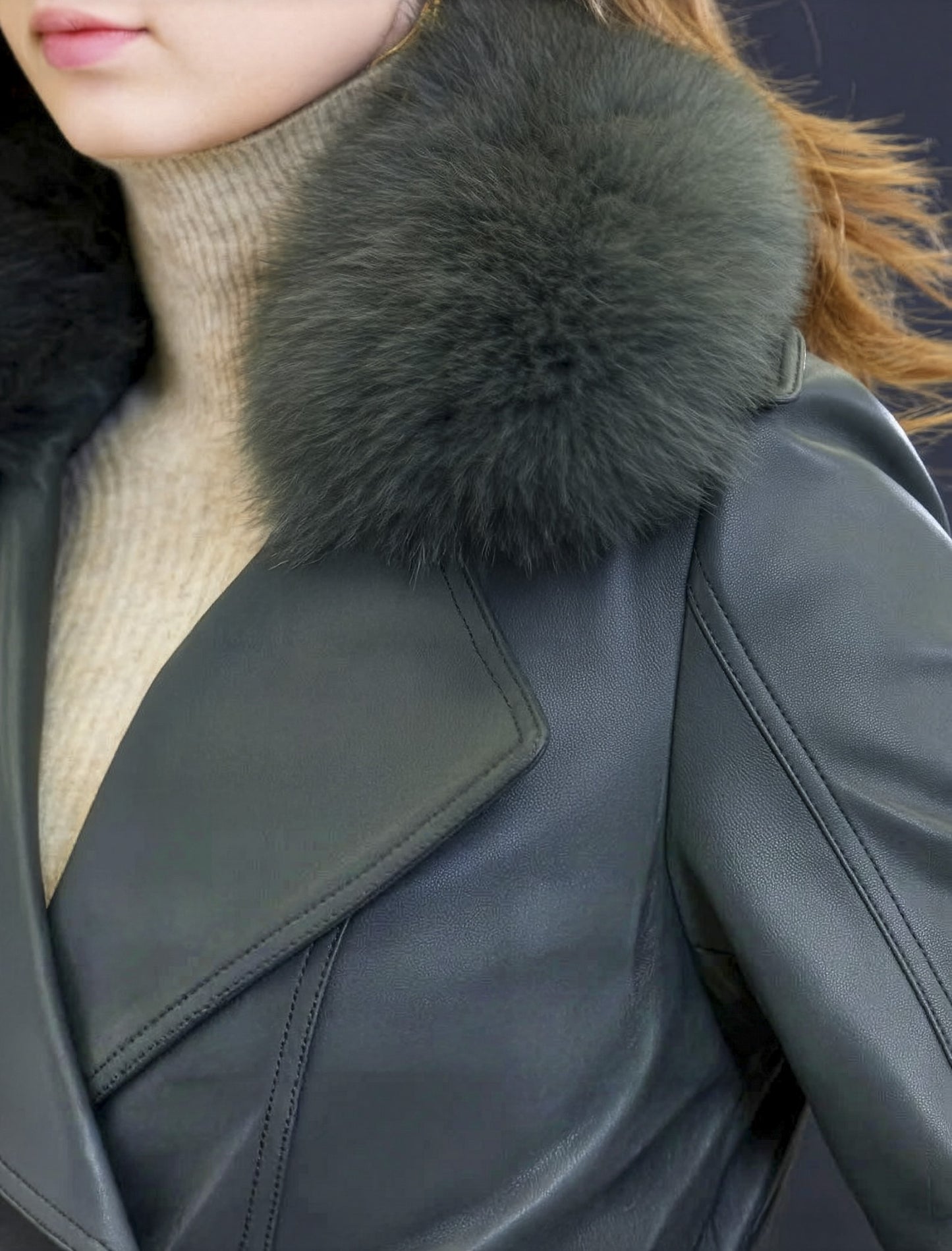 Close-up of the wide lapel structure on the Independence sheepskin coat, defined and architectural — From Borcelleclothes.