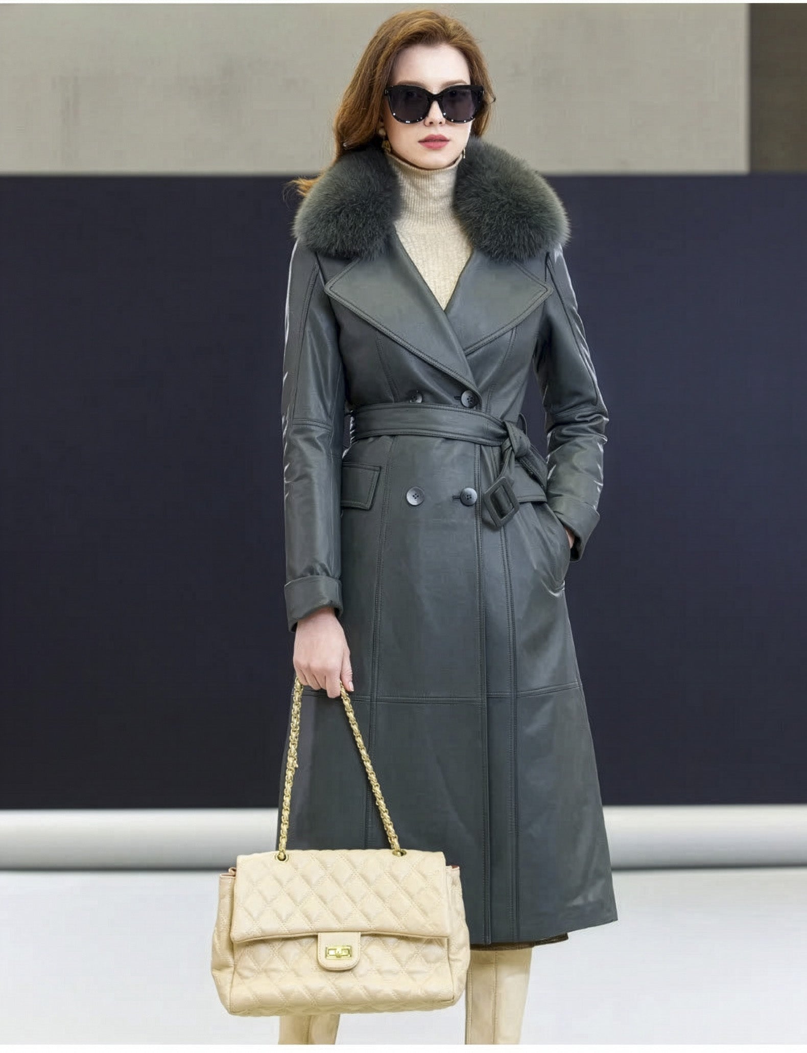 Hand slipped into the pocket of the Independence coat, soft sheepskin and strong stance — From Borcelleclothes.