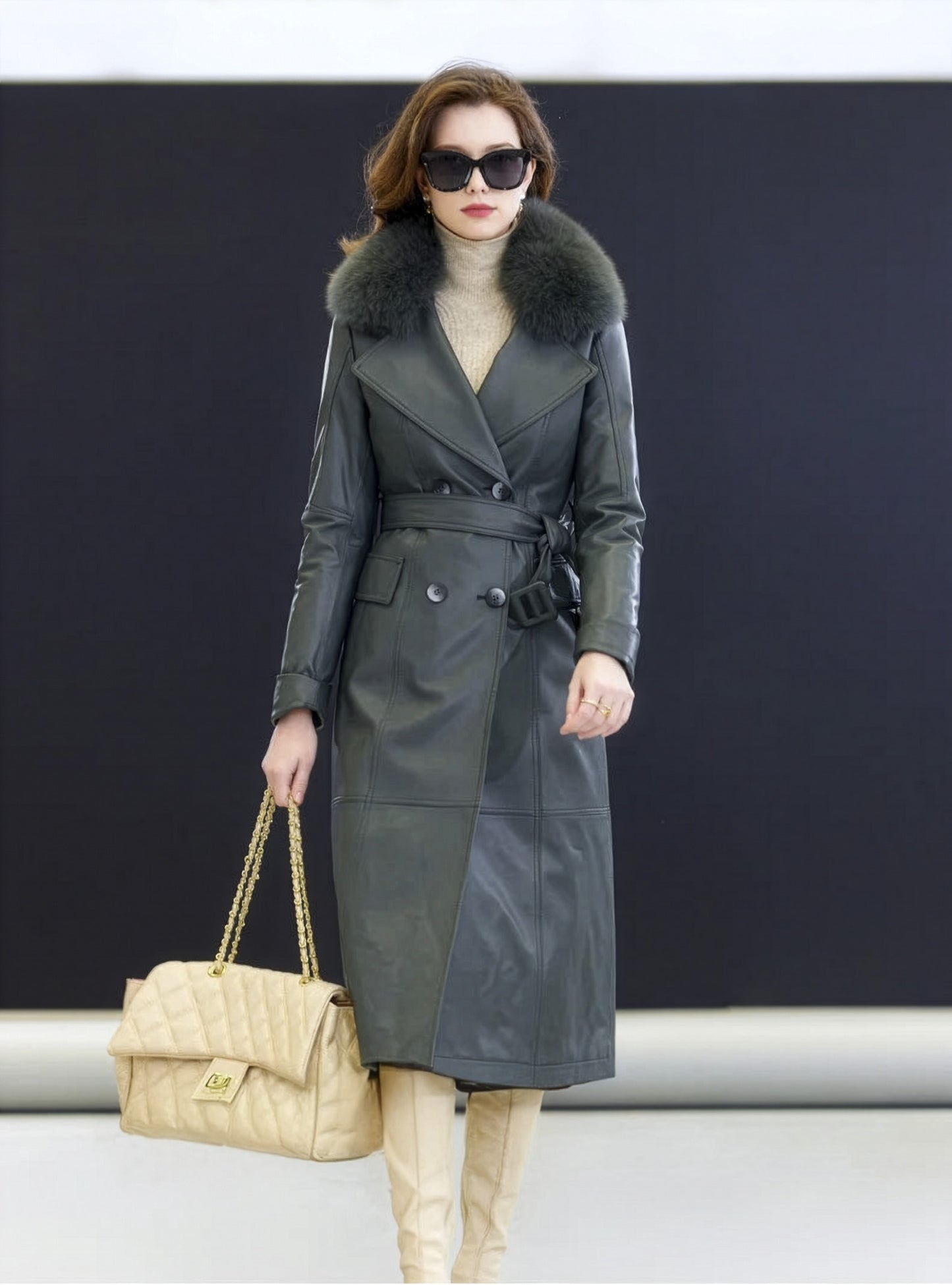 Independence sheepskin coat styled with an oversized bag, wide lapels catching soft light — From Borcelleclothes.