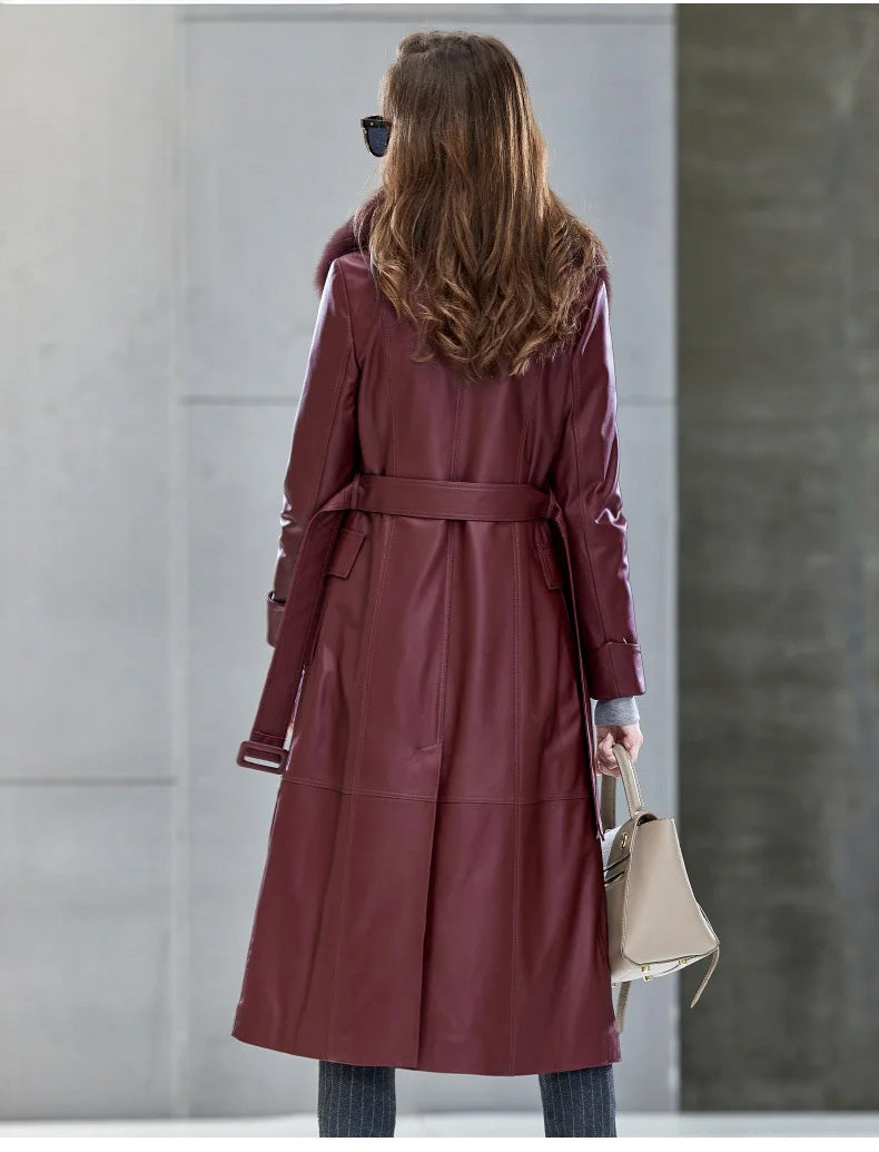 Rear view of the Tuscan Red sheepskin coat, with gentle shoulder structure and fluid back — From Borcelleclothes.