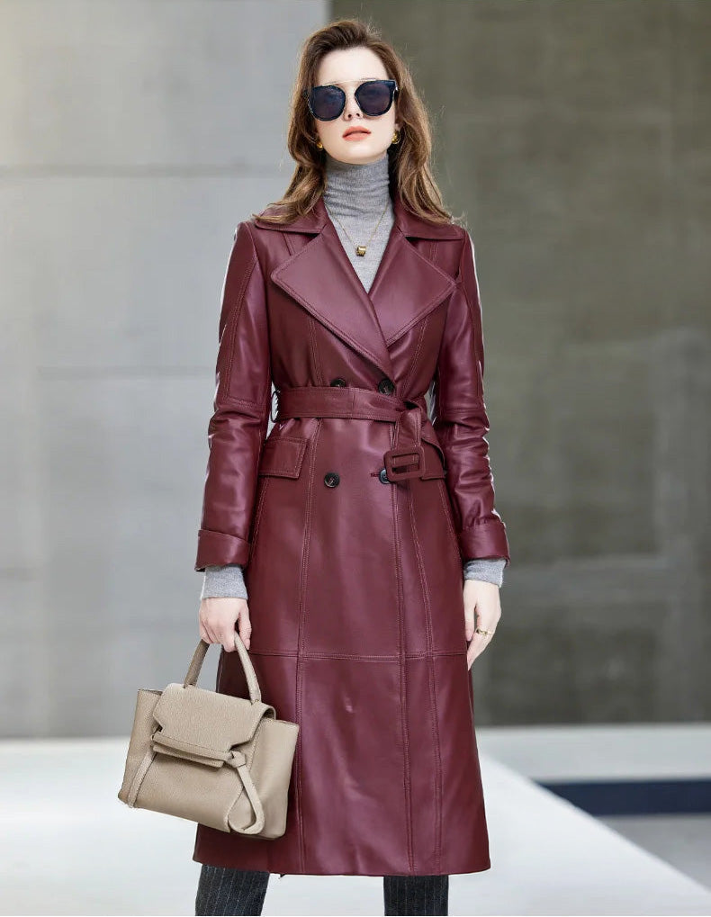 Tuscan Red sheepskin coat with wide lapels styled with bag — From Borcelleclothes
