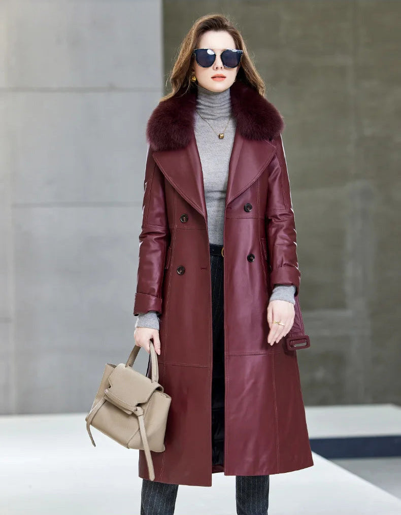 Unfastened Tuscan Red coat worn open, lapels shaping a sculptural front — From Borcelleclothes.