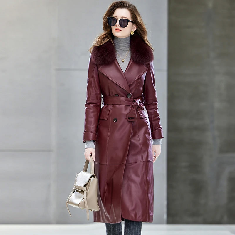 Women's Mid-calf sheepskin coat in Tuscan Red color, with wide notch lapels, detachable tonal fox fur collar, and A-line silhouette — From Borcelleclothes.