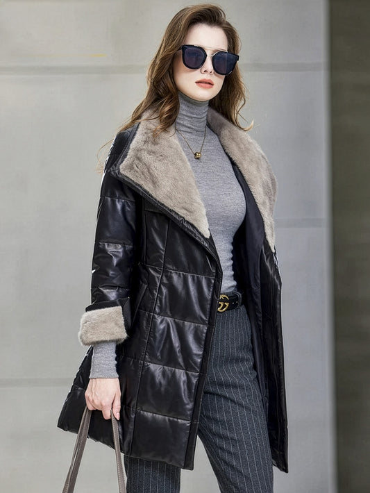 Women’s sheepskin coat with cropped mink-trimmed sleeves, asymmetrical closure, and convertible fur collar in Onyx — From Borcelleclothes.