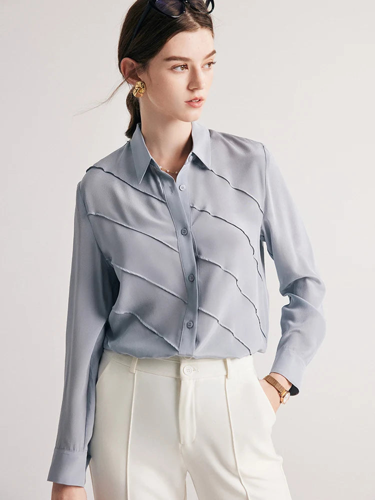 Women's Mulberry silk shirt in Lavender Grey with diagonal seamed folds and pointed collar. From Borcelleclothes.