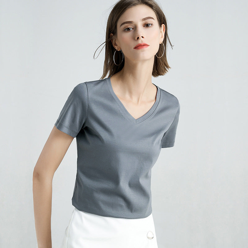 Women's Slim Fit Mercerized Cotton T-Shirt in Shuttle Grey, featuring a sleek solid pattern, stylish v-neck design, and short sleeves that enhance comfort and sophistication. Crafted from 100% mercerized cotton for a luxurious feel. From Borcelleclothes.