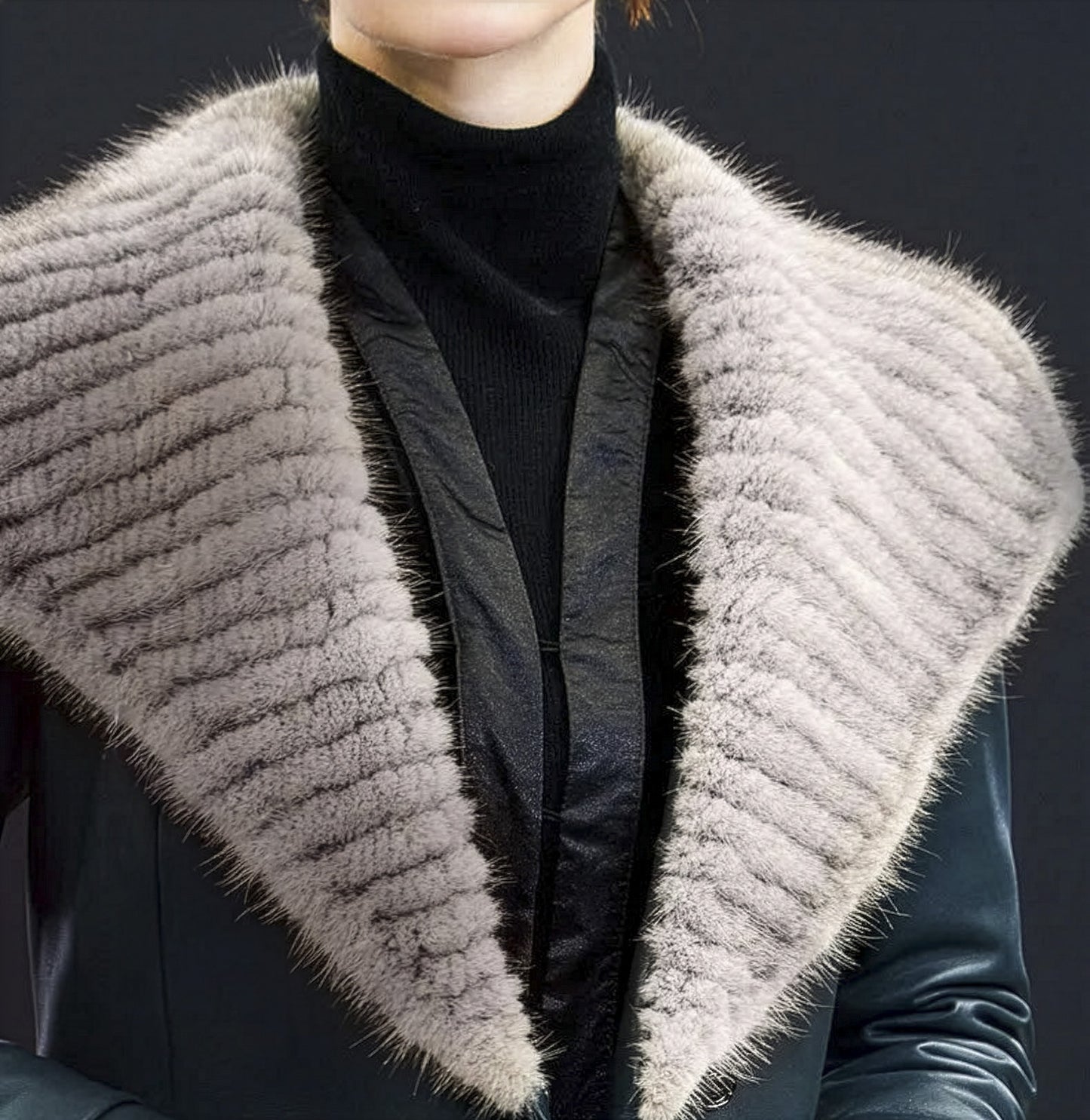 Close view of striped mink lapel collar on Independence sheepskin coat, extending toward the arms — From Borcelleclothes.
