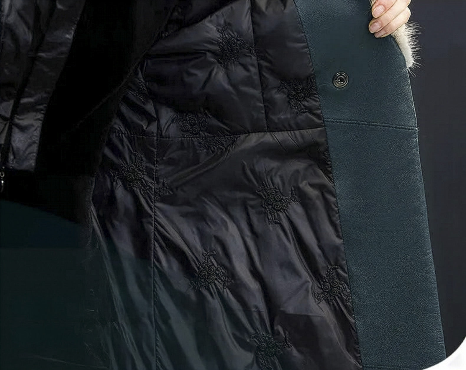 Interior view of the Independence sheepskin coat, showing full polyester lining — From Borcelleclothes.