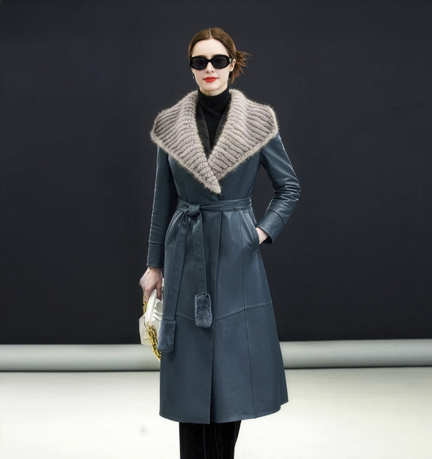 Women's Mid-calf sheepskin coat in Independence color, with wide striped mink collar extending to the arms, leather snap cuffs, and fur-tipped belt — From Borcelleclothes.