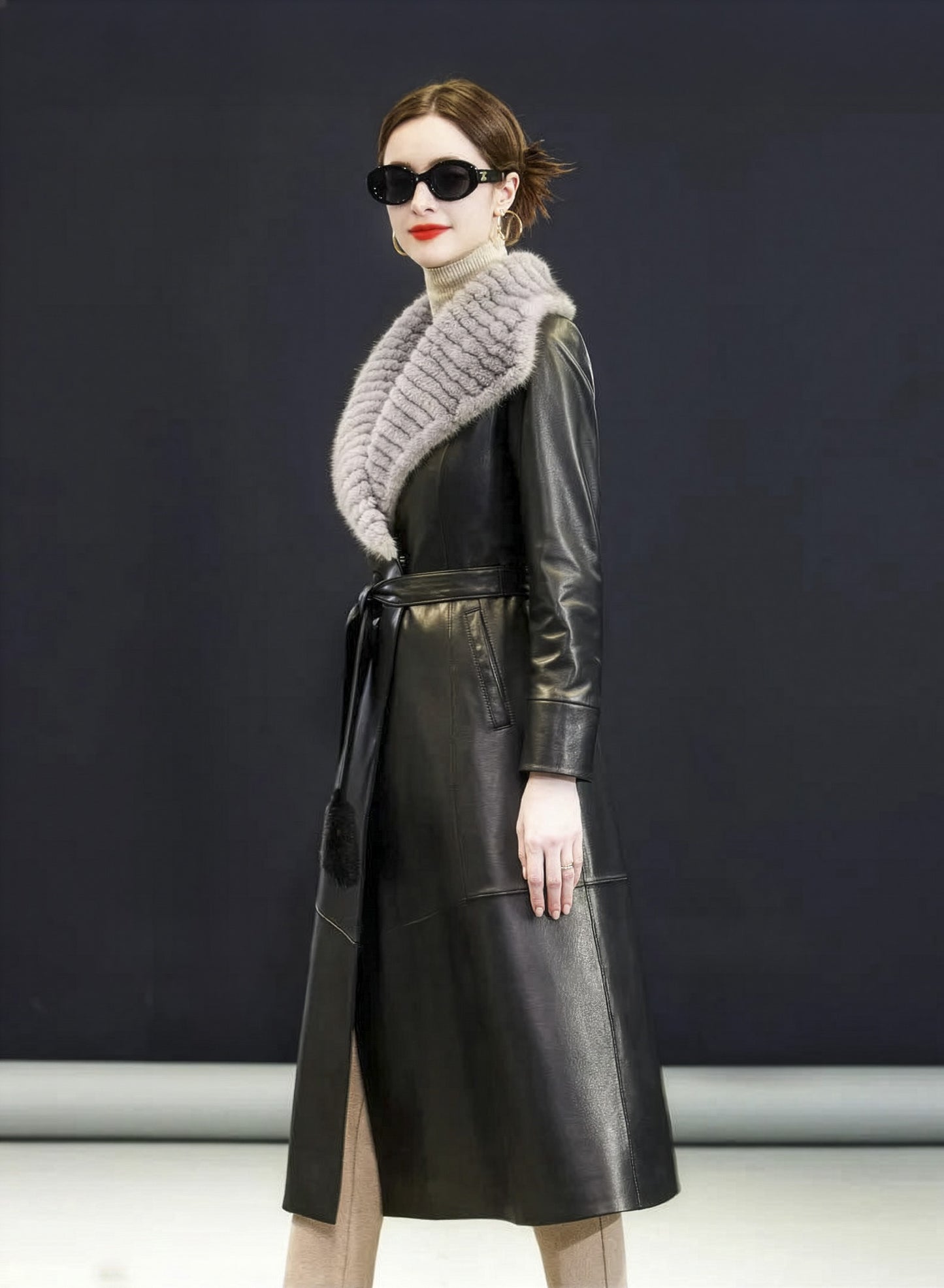 Side view of Onyx sheepskin coat, showing sleeve placket and curved drape of collar — From Borcelleclothes.