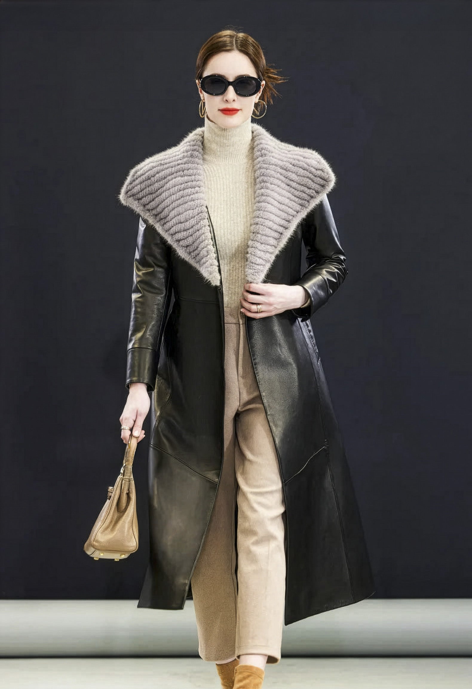 Onyx coat worn open in motion, collar lifted by movement, silhouette flowing — From Borcelleclothes.