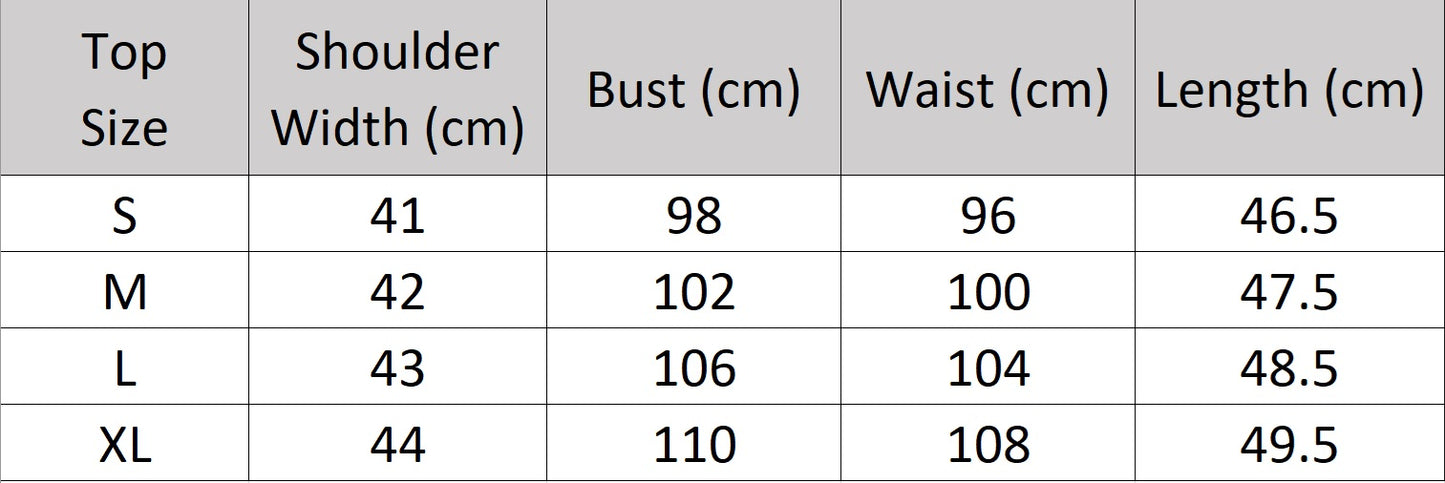 Women’s size chart for a top of the two-piece sets in Spring Wood and Lucky Point with sleeveless fringe-trimmed tops and pleated wide-leg trousers in breathable textured fabrics. From Borcelleclothes.