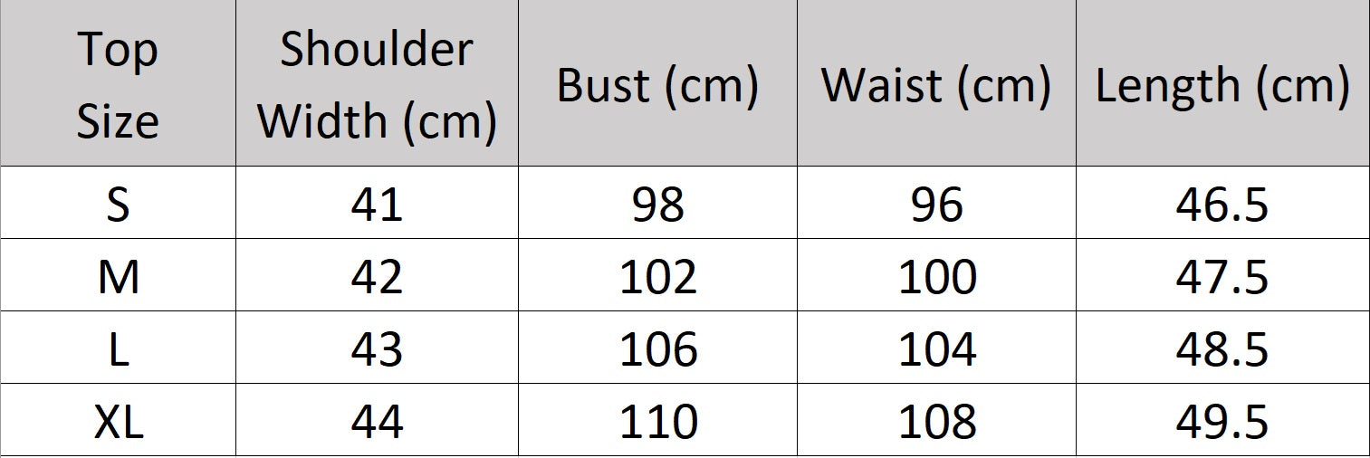 Women’s size chart for a top of the two-piece sets in Spring Wood and Lucky Point with sleeveless fringe-trimmed tops and pleated wide-leg trousers in breathable textured fabrics. From Borcelleclothes.