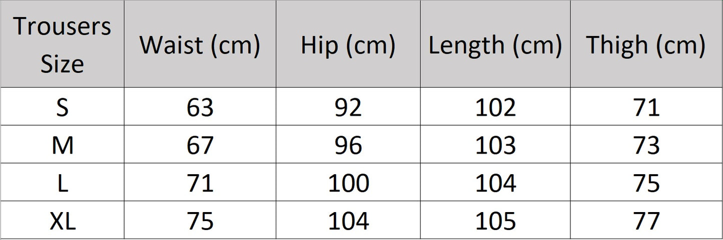 Women’s size chart for trousers of the two-piece sets in Spring Wood and Lucky Point with sleeveless fringe-trimmed tops and pleated wide-leg trousers in breathable textured fabrics. From Borcelleclothes.