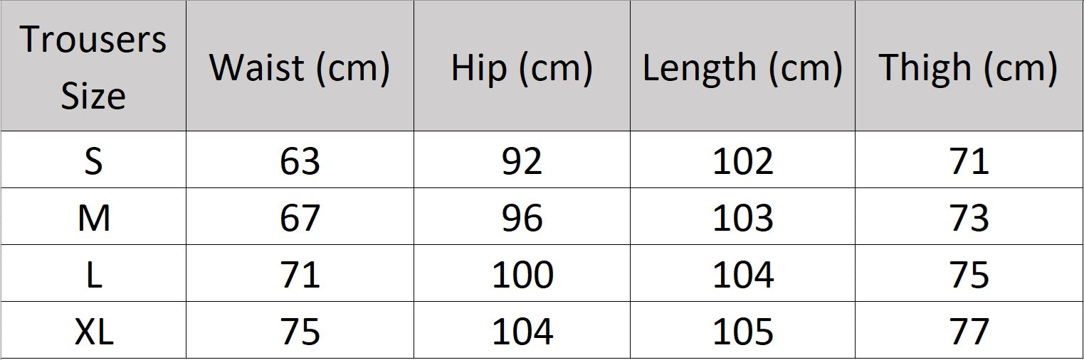 Women’s size chart for trousers of the two-piece sets in Spring Wood and Lucky Point with sleeveless fringe-trimmed tops and pleated wide-leg trousers in breathable textured fabrics. From Borcelleclothes.