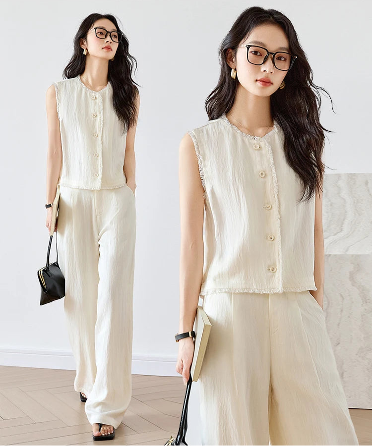 Collage of model stepping forward and standing - in the Spring Wood set with matching top and trousers. From Borcelleclothes.
