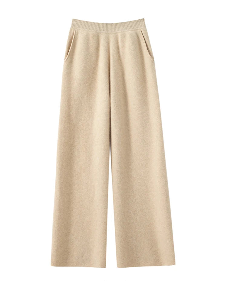 Draped front view of Desert Sand straight-cut cashmere trousers — From Borcelleclothes.