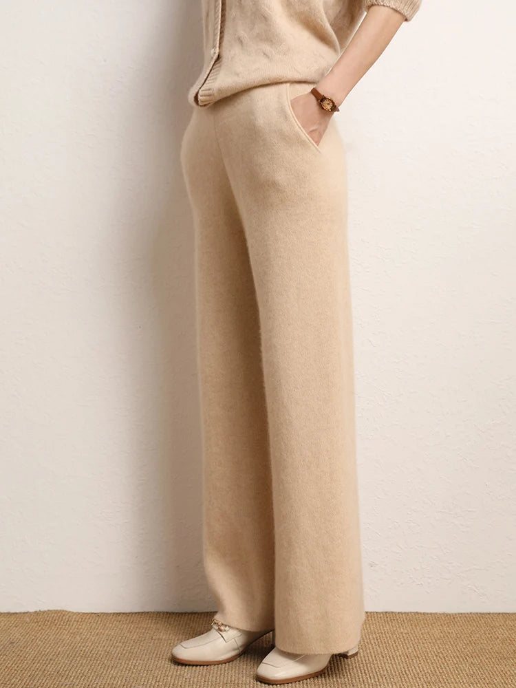 Women's Straight Cut Alashan cashmere trousers in Desert Sand, featuring a straight cut, front slash pockets, and a ribbed waistband — From Borcelleclothes.