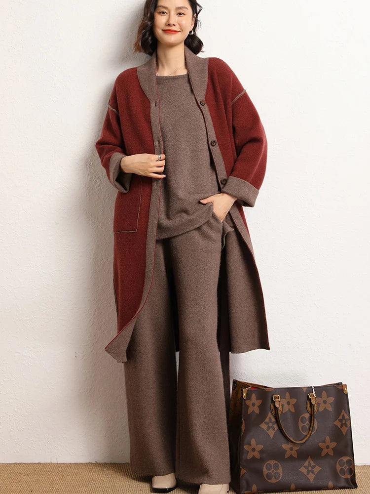 Hand-in-pocket pose in Irish Coffee straight-cut Alashan cashmere trousers — From Borcelleclothes.