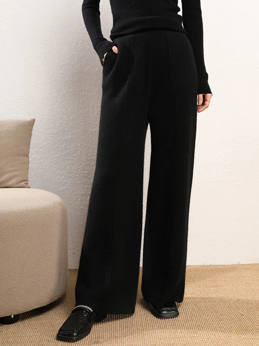 Women's Straight Cut Alashan cashmere trousers in Onyx, featuring a straight cut, front slash pockets, and a ribbed waistband — From Borcelleclothes.