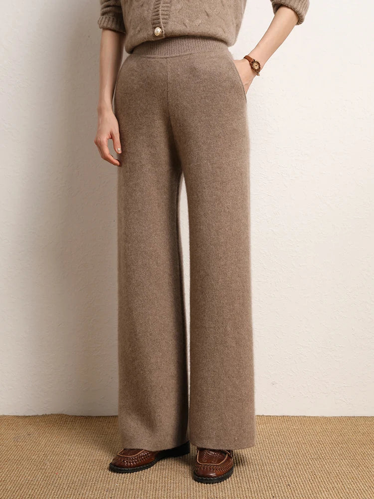 Women's Straight Cut Alashan cashmere trousers in Sandrift, featuring a straight cut, front slash pockets, and a ribbed waistband — From Borcelleclothes.