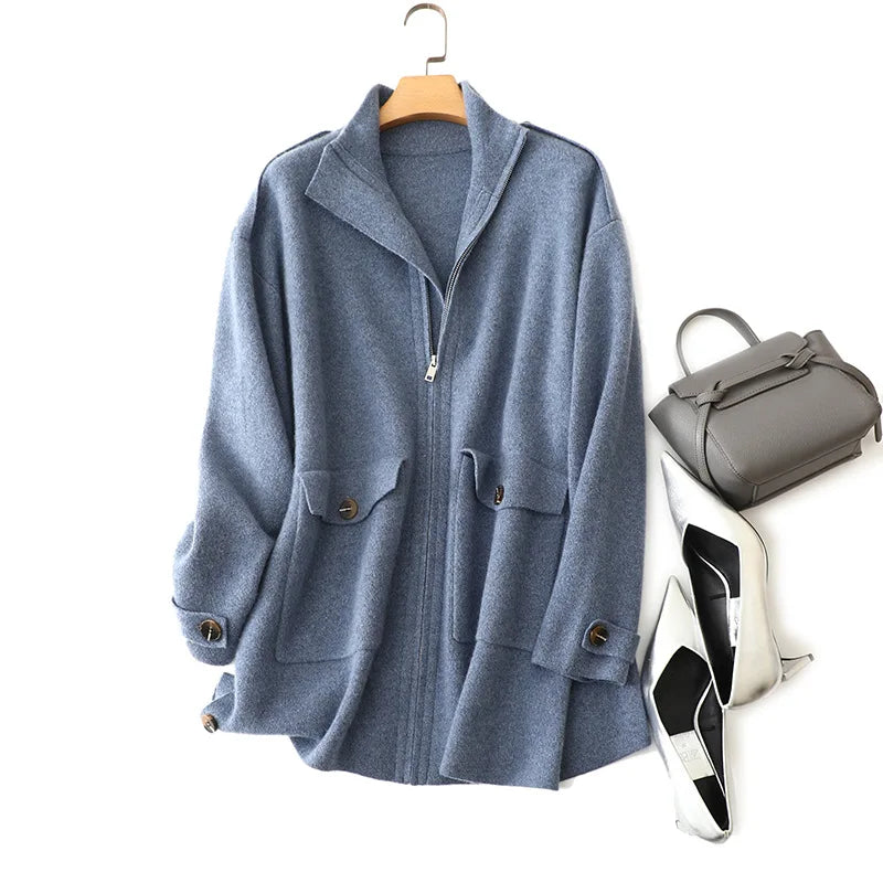 Frosted Blueberry structured cashmere cardigan styled with tonal bag and shoes — From Borcelleclothes.