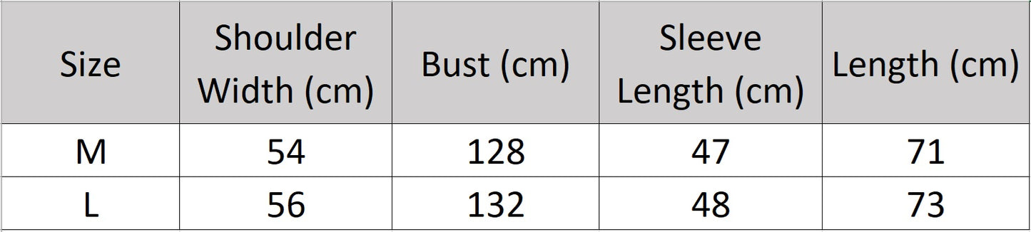 Women's size chart for a structured cashmere cardigan with coat-inspired details, including patch pockets, shoulder tabs, and buttoned side vents — From Borcelleclothes.