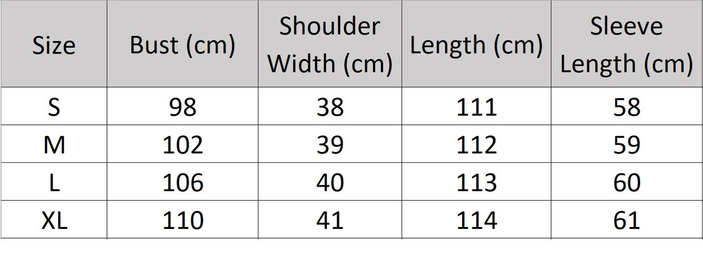 Women's size chart for a Structured Wool Coat—a mid-calf double-breasted silhouette with a pointed collar, and adjustable belt. From Borcelleclothes.