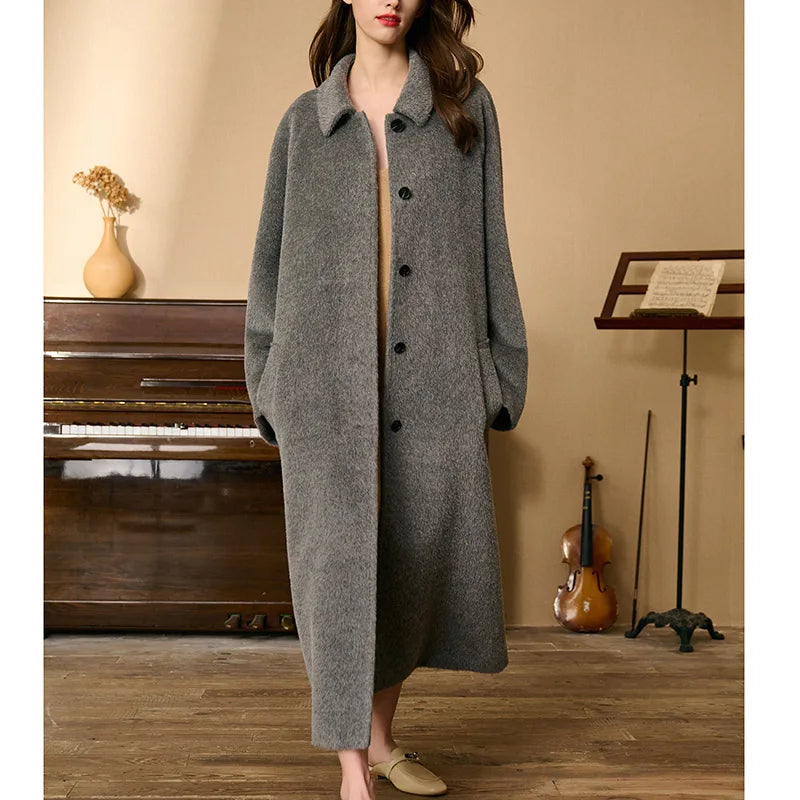 Women's Suri Alpaca Wool Coat in Flint — single-breasted design with pointed collar, decorative top button, and raglan sleeves. From Borcelleclothes.