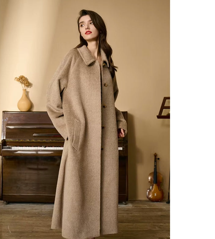 Women's Suri Alpaca Wool Coat in Pale Taupe — single-breasted design with pointed collar, decorative top button, and raglan sleeves. From Borcelleclothes.