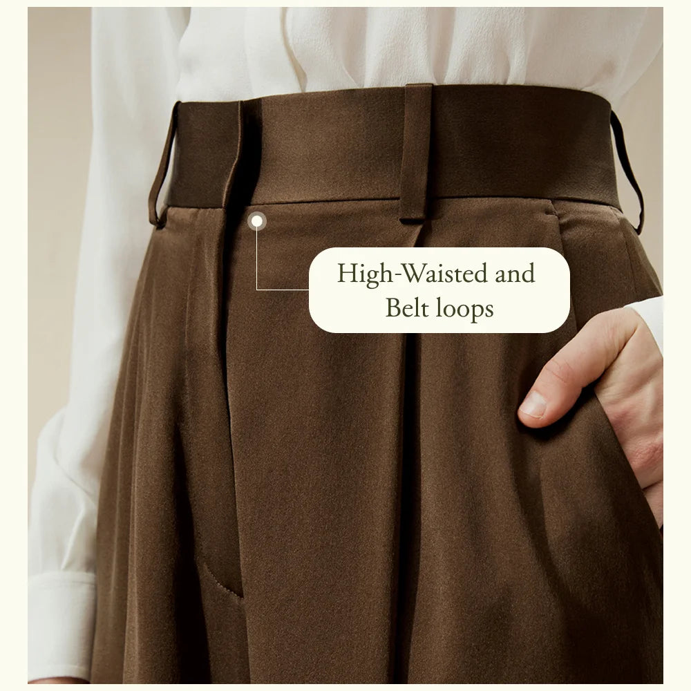 Front upper part of Cafe Noir silk trousers, showing precise tailoring and matte sheen of the silk. From Borcelleclothes.