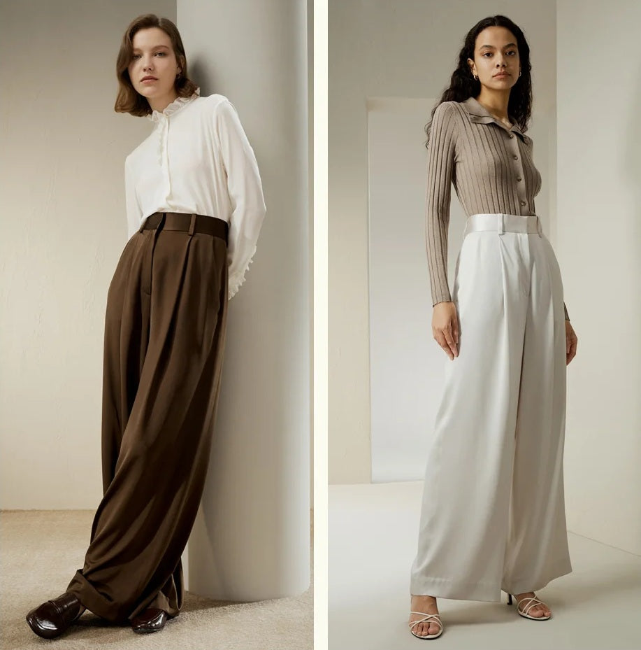 Collage of models wearing Platinum and Cafe Noir silk trousers, showcasing the contrast between light and dark tones. From Borcelleclothes.