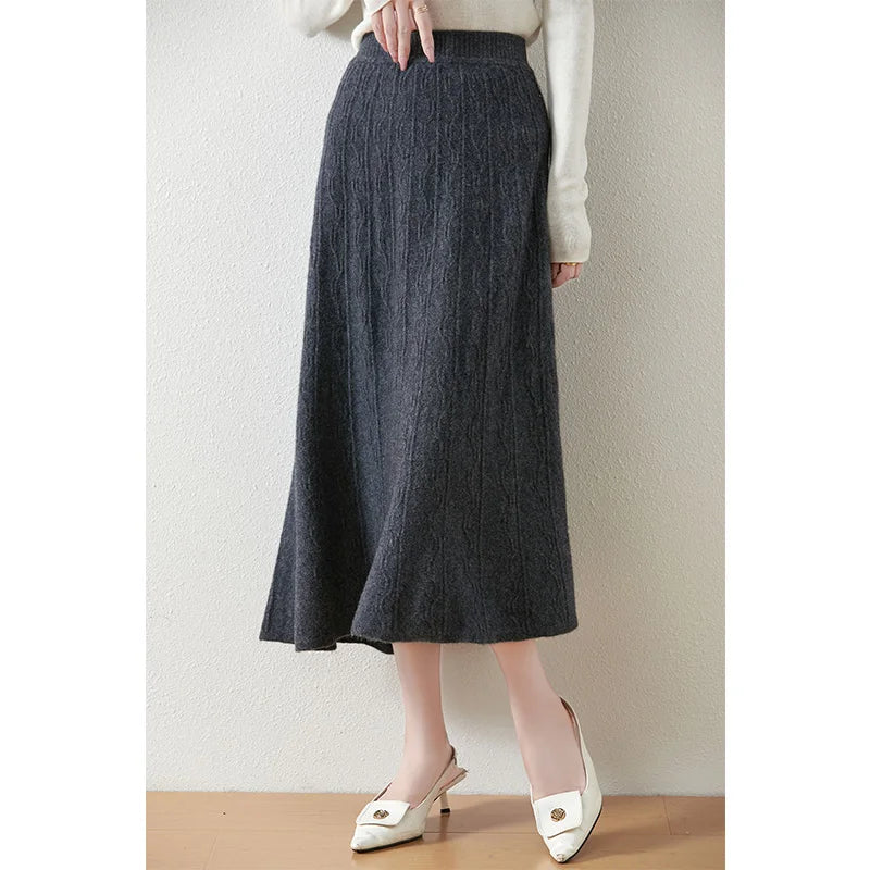 Women's A-line merino wool skirt in Davy Grey, with vertical and wave-textured knit, mid-calf length, in soft premium fabric — From Borcelleclothes.