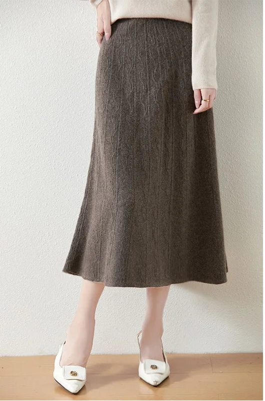 Women's A-line merino wool skirt in Jasper, with vertical and wave-textured knit, mid-calf length, in soft premium fabric — From Borcelleclothes.