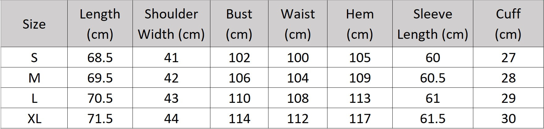 Women's size chart for a textured pinstripe crinkle blazer, hip-length with a clean V-neckline, defined by freedom. From Borcelleclothes.