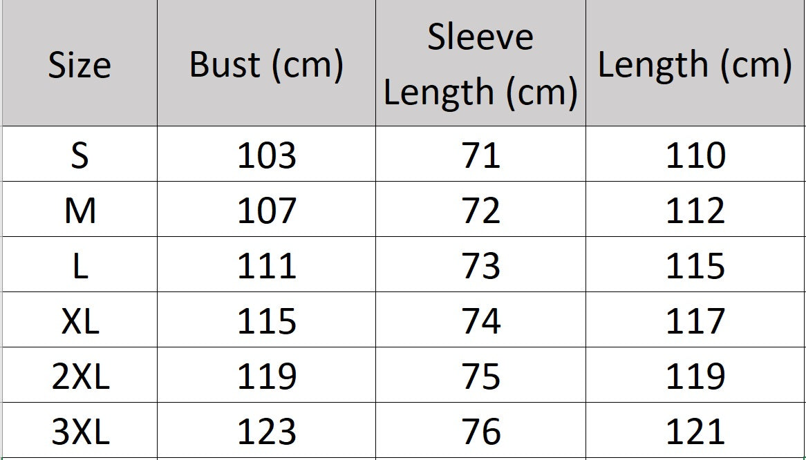 Women's size chart for a Tibetan Cashmere Coat, crafted from 100% double-sided Tibetan cashmere, featuring notched lapels, raglan sleeves, adjustable sleeve belts, a waist belt, and diagonally exposed single-welt pockets for a refined and luxurious look. From Borcelleclothes.