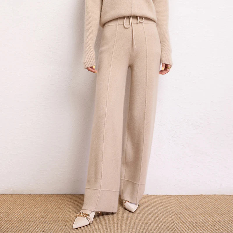 Women's Traced Seaming Cashmere Trousers in Vanilla, with traced seaming, yoke-inspired accents, and ribbed waistband with drawstring — From Borcelleclothes.