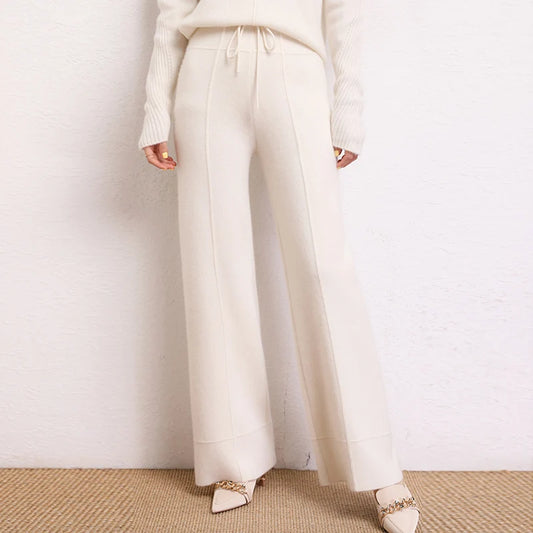 Women's Traced Seaming Cashmere Trousers in White Chocolate, with traced seaming, yoke-inspired accents, and ribbed waistband with drawstring — From Borcelleclothes.