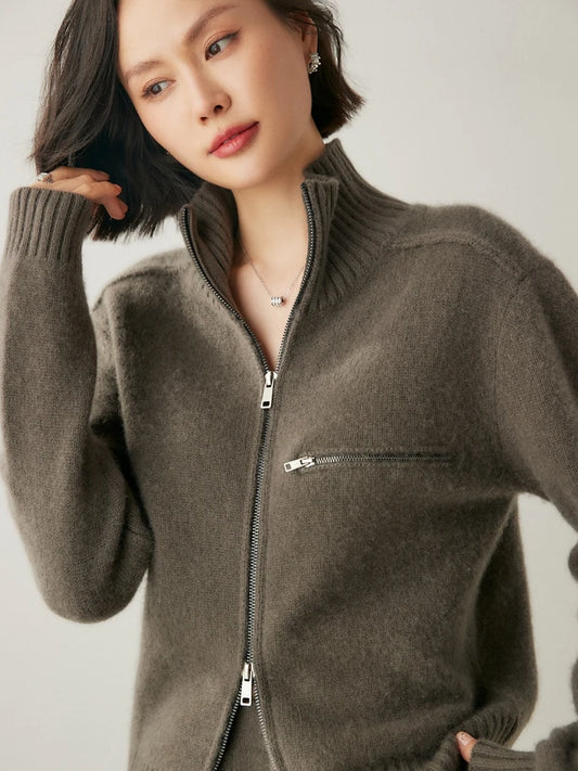 Women's two-way zipper cashmere cardigan in Umber with exposed seams and sculpted silhouette — From Borcelleclothes.