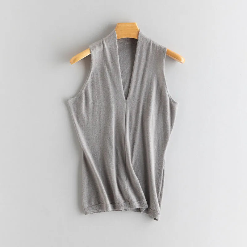 Front view of the Morning Mist V-neck cashmere top on hanger — From Borcelleclothes.