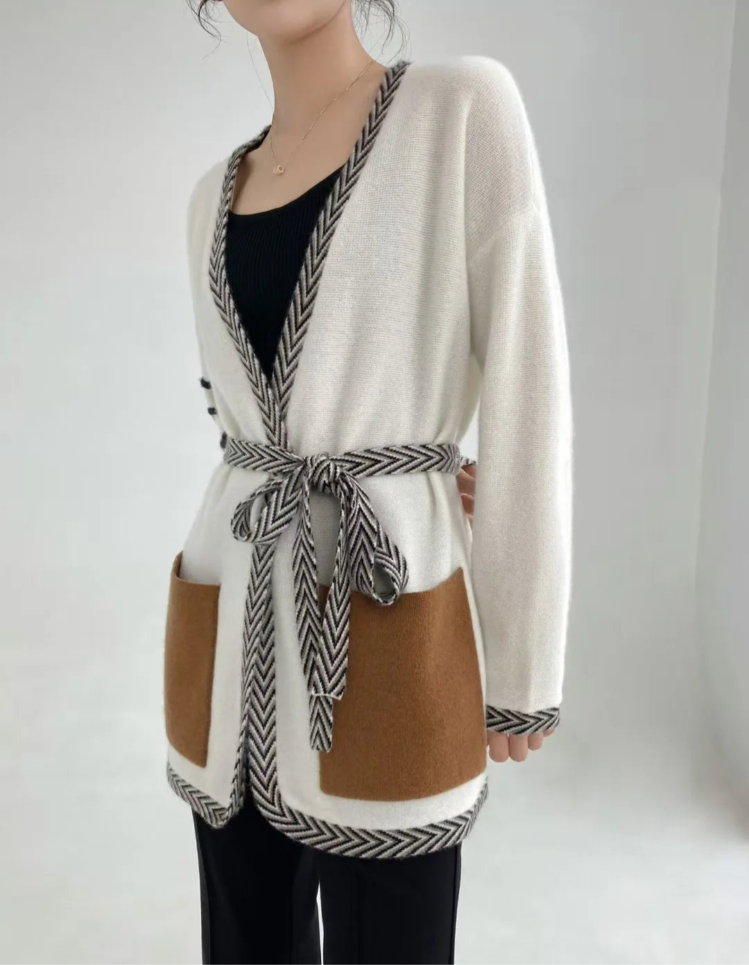 Women's 100% cashmere cardigan in Whispering Smoke with soft semi-sheer knit and chevron trim — From Borcelleclothes.