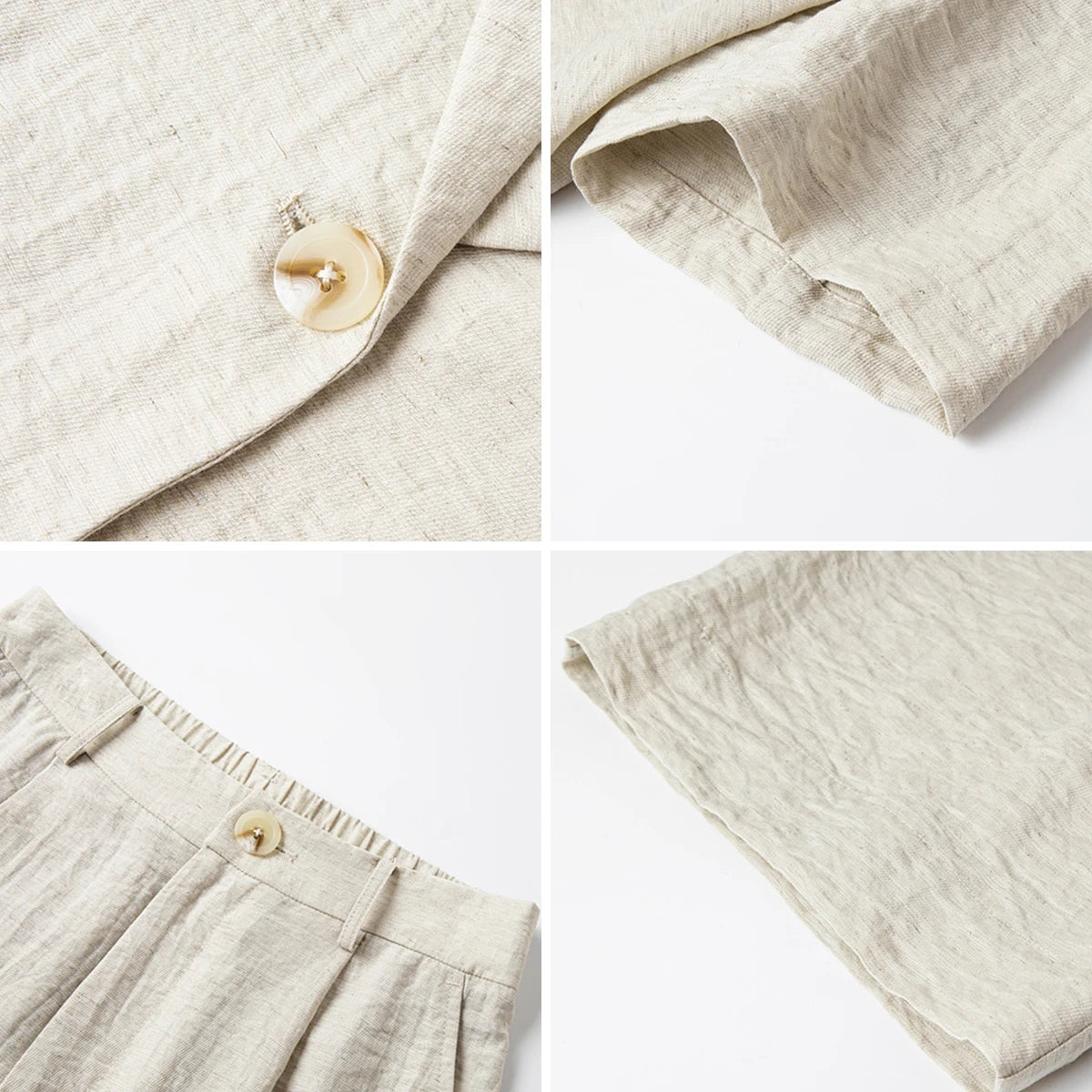 Collage showing button, sleeve, waistband, and trouser hem details. From Borcelleclothes.