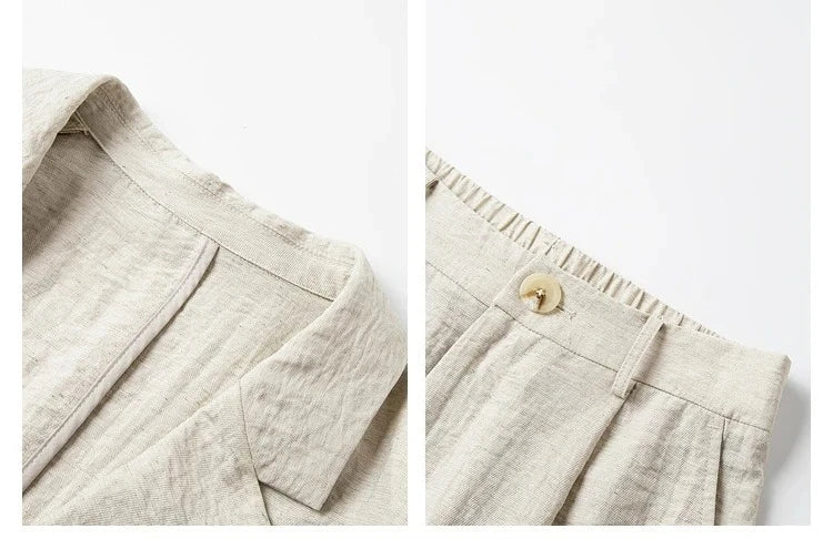 Collage of the blazer collar and trousers’ waistband in the Wild Sand set. From Borcelleclothes.