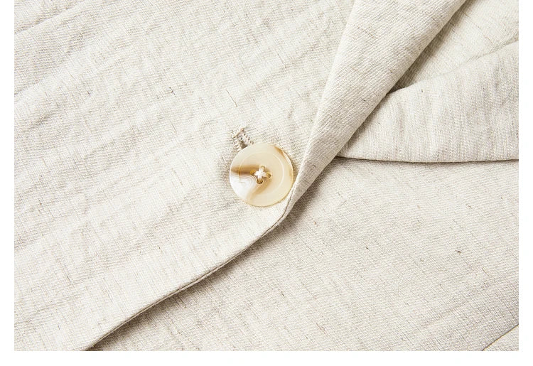 Detail of the single matching button on the Wild Sand blazer. From Borcelleclothes.