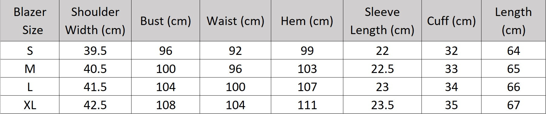 Women's size chart for a blazer of the two-piece set in Wild Sand, featuring a short-sleeved blazer with notch lapels and crinkled wide-leg trousers, shown in natural light. From Borcelleclothes.