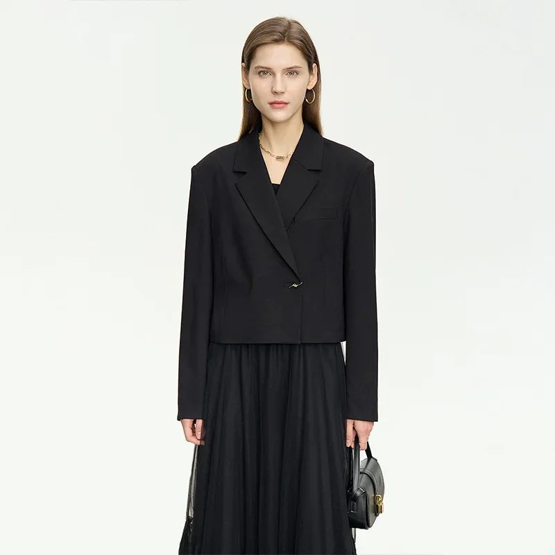 Women’s Wire Knot Detail Blazer in Onyx, with notch lapels, decorative wire-knot buttons, and precise tailoring. From Borcelleclothes.