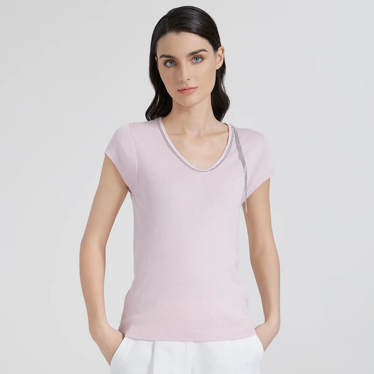 Women's wool-silk knit top in Prim with rhinestone fringe trim at neckline and shoulder, featuring inset cap sleeves and a smooth, body-skimming fit. From Borcelleclothes.