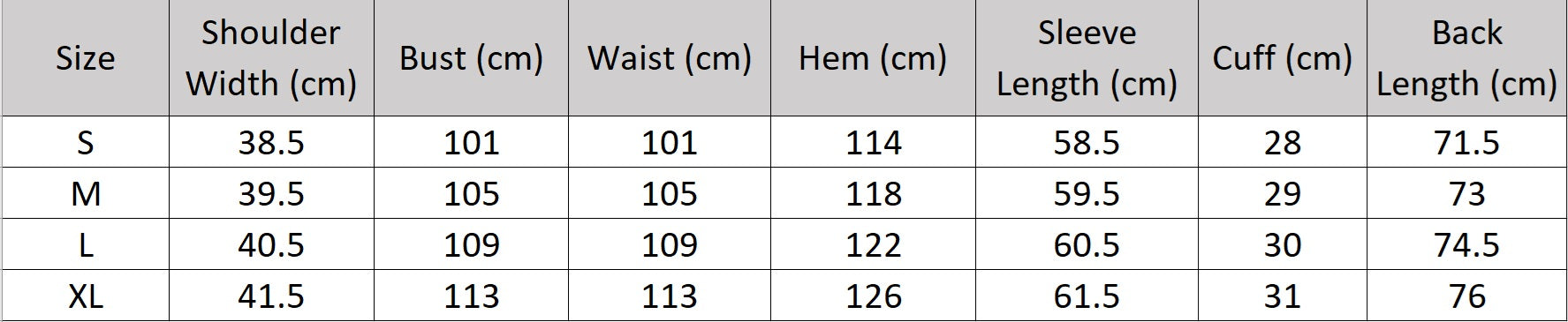 Women’s size chart for a wrap blazer, with hidden hook-and-eye closure, notch lapels, welt pockets, golden pendant accent, and thigh-length cut – From Borcelleclothes.